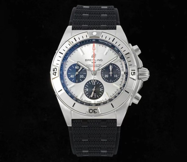 TF공장 브라이틀링 크로노그래프 크로노맷 실버 다이얼 러버 스트랩 42mm AB0134101G1A1