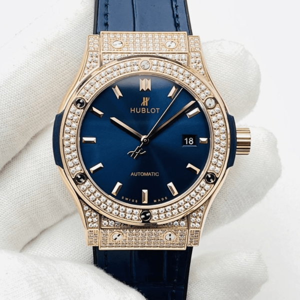 HB공장 위블로 클래식 퓨전 블루 다이얼 풀다이아 로즈골드 금통 가죽 스트랩 38mm/42mm 542.OX.7180.RX