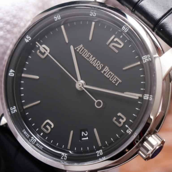 TNK공장 오데마피게 CODE 11.59 블랙 다이얼 스틸 블랙 가죽 스트랩 41mm 15210BC