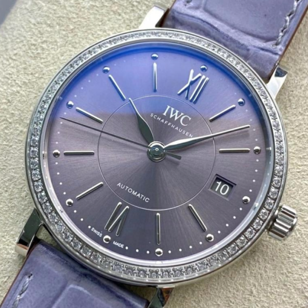 V7공장 IWC 포르토피노 레이디 다이아베젤 실버 퍼플 다이얼 레더 스트랩 37mm IW458104
