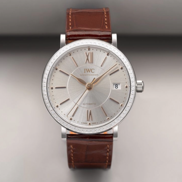 V7공장 IWC 포르토피노 레이디 다이아베젤 실버 화이트 다이얼 레더 스트랩 37mm IW458103