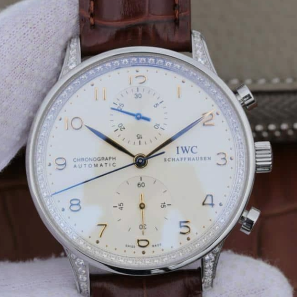 ZF공장 IWC 포르투기저 슈퍼 울트라씬 크로노그래프 스틸 다이아베젤 화이트 다이얼 레더 스트랩 40.9mm IW371440