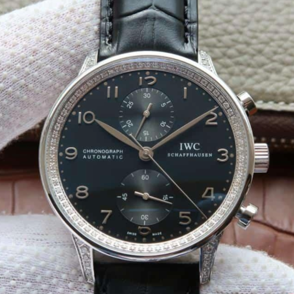ZF공장 IWC 포르투기저 슈퍼 울트라씬 크로노그래프 스틸 다이아베젤 블랙 다이얼 레더 스트랩 40.9mm IW371440