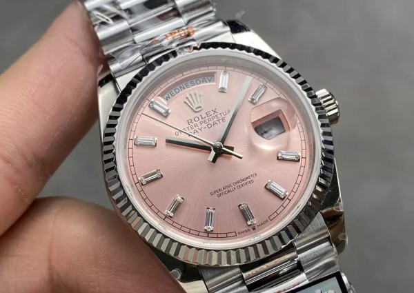 QF공장 롤렉스 데이데이트 핑크 다이얼 바게트다이아 SS 브레이슬릿 36mm 128236