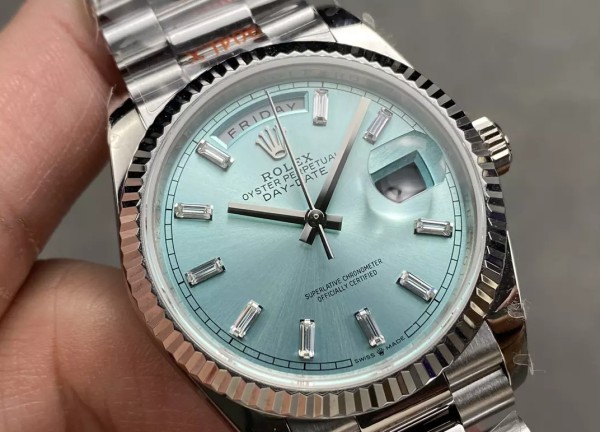 QF공장 롤렉스 데이데이트 플래티넘 다이얼 바게트다이아 SS 브레이슬릿 36mm 128236