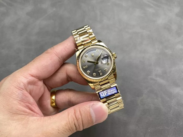 QF공장 v5 롤렉스 데이데이트 그레이 옴브레 다이얼 10P다이아 옐로우골드 금통 36mm 128238