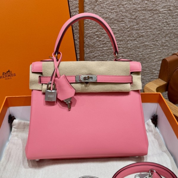 올수공 에르메스 켈리 25 K4/Rose Ete 스위프트 가죽 실버 하드웨어